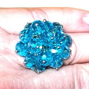 Vintage Aqua Blue Faceted AB Crystal Bead Cluster Cocktail Ring Adjustable